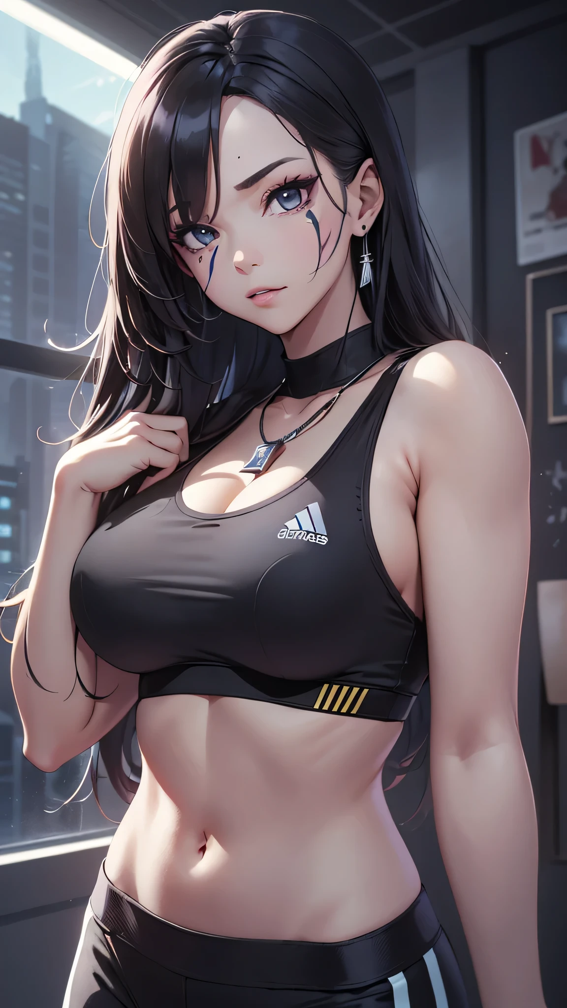 最high quality、best image quality、masterpiece、teenage girl((18-year-old、 By becoming、vest 、,wide open  tea、black eye, black hair、long hair、thin,highest valley、cute makeup、red sports 、Black sports pants、White Necklace、Blackface Paint)),high quality、beautiful art、background((newyork)),debris flies、Depth of written boundary、movie、visual art、perfect art、8K,genuine