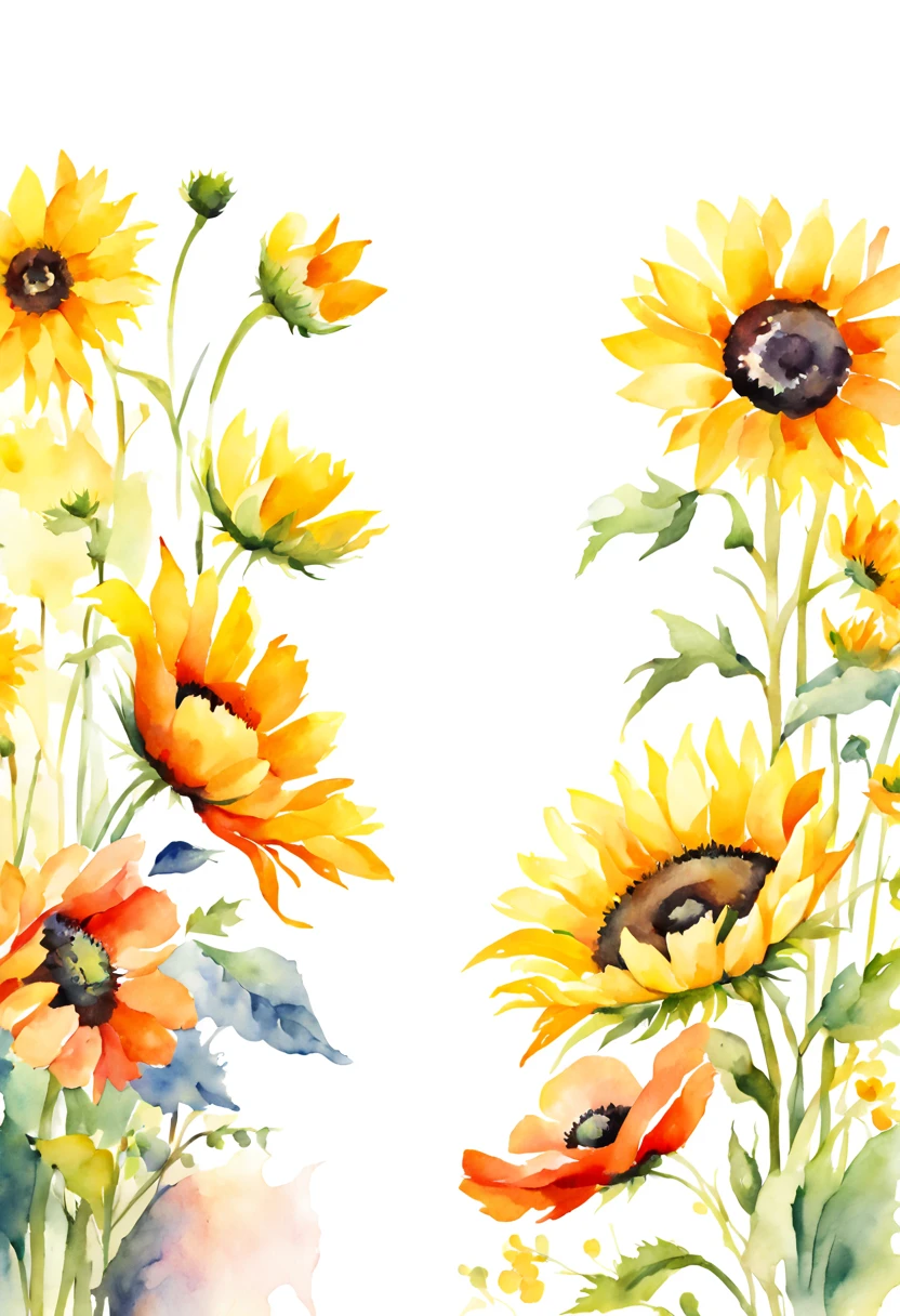 masterpiece, best quality, loose watercolor, sunflowers, poppies, soft strokes, bright colors, clean background, high resolution