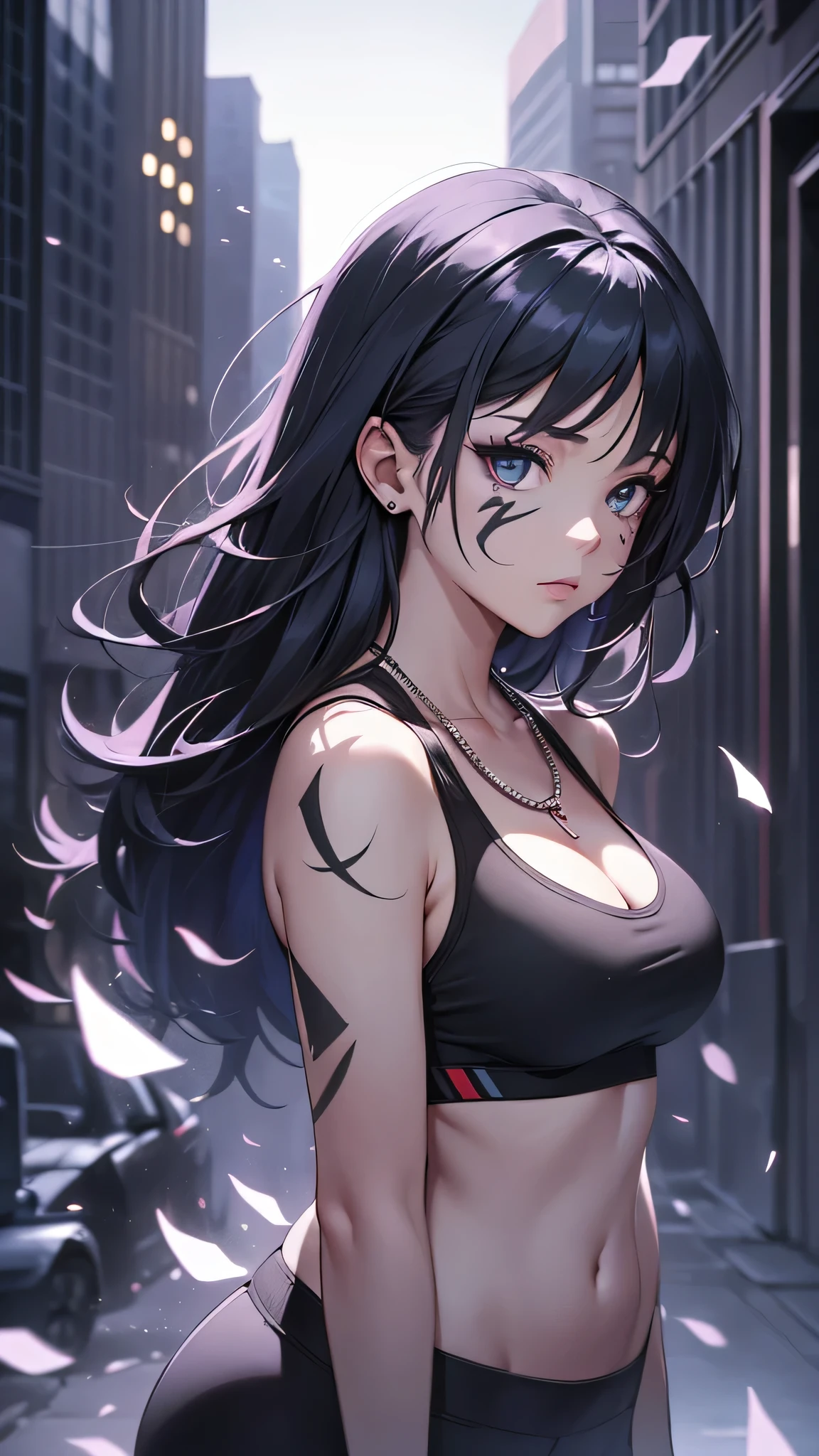 最high quality、best image quality、masterpiece、age girl((18-year-old、 By becoming、vest bust、medium bust,wide open breast tea、black eye, black hair、long hair、thin,highest valley、cute makeup、red sports bra、Black sports pants、White Necklace、Blackface Paint)),high quality、beautiful art、background((newyork)),debris flies、Depth of written boundary、movie、visual art、perfect art、8K,genuine