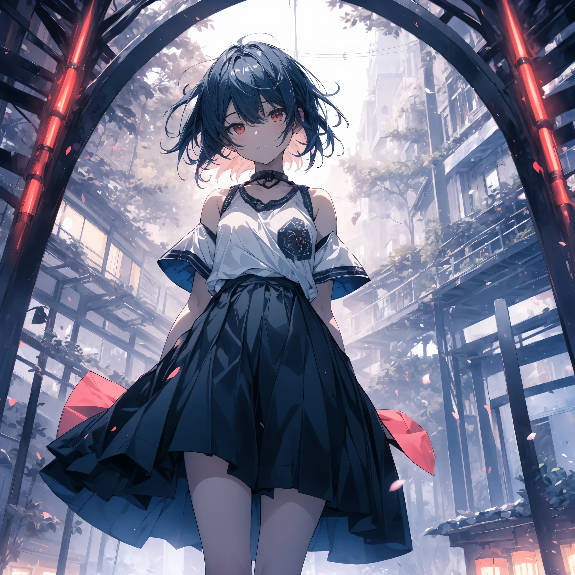 Super high quality by the art god, super detailed, High resolution,  Shinkai Makoto style,  anime moe art style, best anime 8K konachan wallpaper, pixiv contest winner, perfect anatomy, break,(Please draw a sleepy girl walking alone to the village.. ),break, surreal tomboy, (alone,change, 15 years old:1.3),All limbs, full finger, ((black skin)), androgynous charm, (silver hair), messy hair, Ahoge, Medium soft chest, small ass, between legs, small eyes,beautiful detailed red eyes, Well-proportioned iris and pupils, High resolutionの詳細な髪, ((white tank top, skirt:1.3)), In front of Satoyama. break,super dense skin, Best lighting by famous artists, 8K, figure,