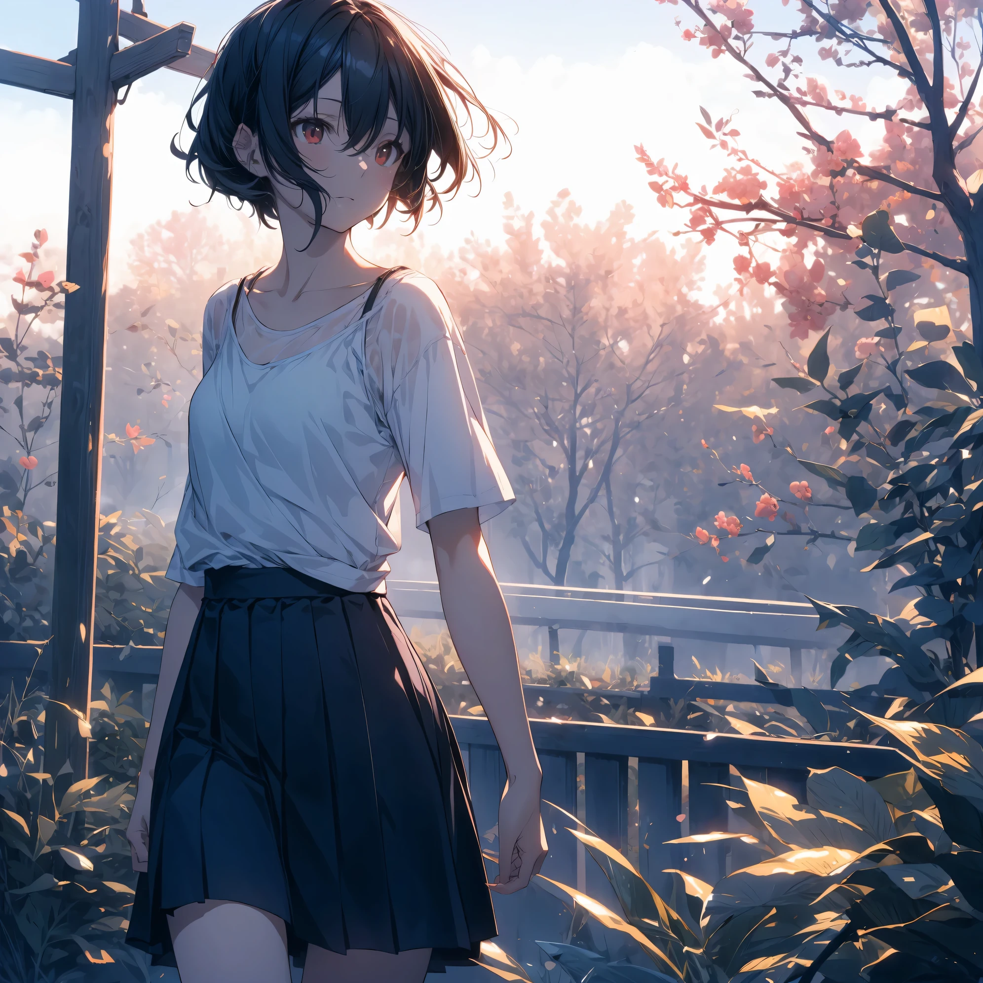 Super high quality by the art god, super detailed, High resolution, Shinkai Makoto style, anime moe art style, best anime 8K konachan wallpaper, pixiv contest winner, perfect anatomy, break,(Please draw a sleepy girl walking alone to the village.. ),break, surreal tomboy, (alone,change, 15 years old:1.3),All limbs, full finger, ((black skin)), androgynous charm, (silver hair), messy hair, Ahoge, Medium soft chest, small ass, between legs, small eyes,beautiful detailed red eyes, Well-proportioned iris and pupils, High resolutionの詳細な髪, ((white tank top, skirt:1.3)), In front of Satoyama. break,super dense skin, Best lighting by famous artists, 8K, figure,