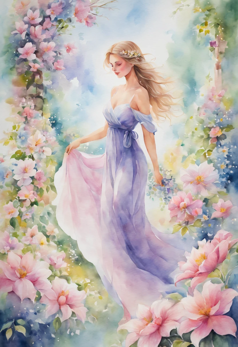 watercolor art,In this ethereal scenery, Dreams and reality are intertwined. The air is filled with the intoxicating fragrance of flowers, Exquisite perfume symphony. Flowers seem to release the soul, Their essence blends with the fragrant breeze that caresses the skin.