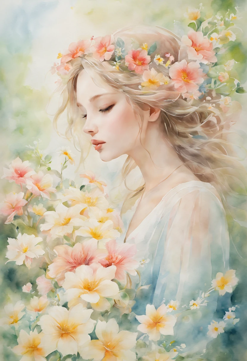 watercolor art，In this ethereal scenery, Dreams and reality are intertwined. The air is filled with the intoxicating fragrance of flowers, Exquisite perfume symphony. Flowers seem to release the soul, Their essence blends with the fragrant breeze that caresses the skin.