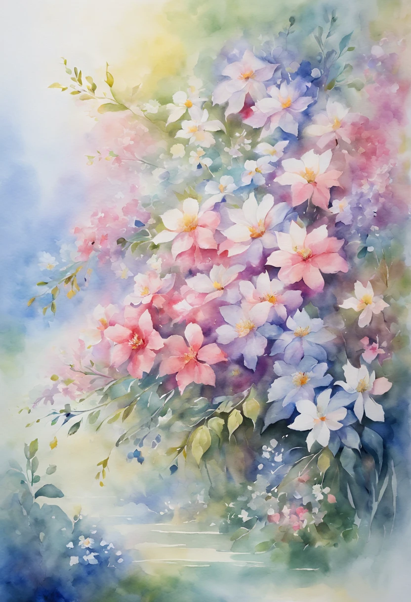 watercolor art，In this ethereal scenery, Dreams and reality are intertwined. The air is filled with the intoxicating fragrance of flowers, Exquisite perfume symphony. Flowers seem to release the soul, Their essence blends with the fragrant breeze that caresses the skin.
