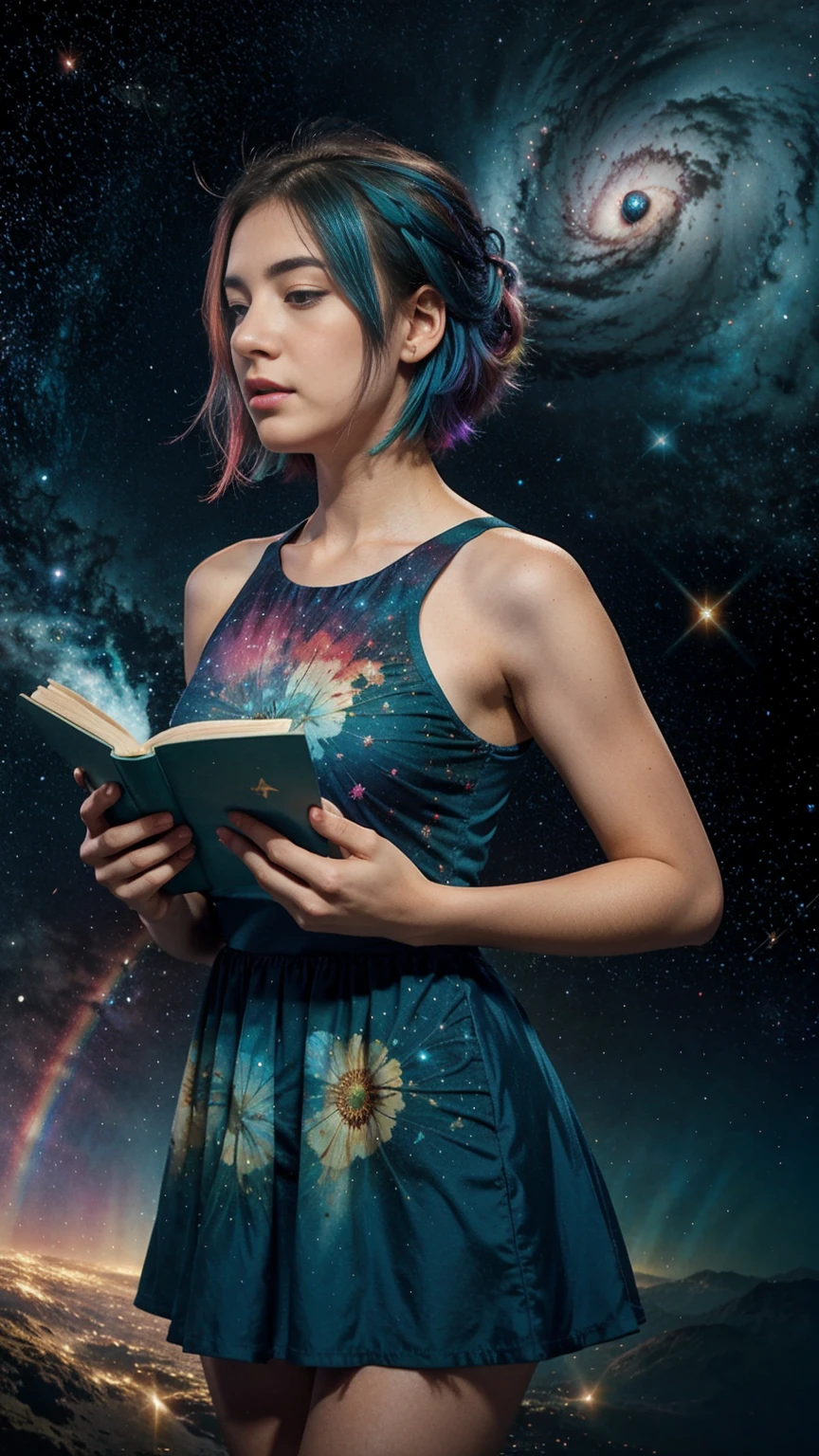 (best quality, masterpiece), 1girl, reading a book, particle, wind, flower, upper body, simple background, looking at viewer, rainbow colored hair, teal short floating dress, cosmic, nebulas, galaxy