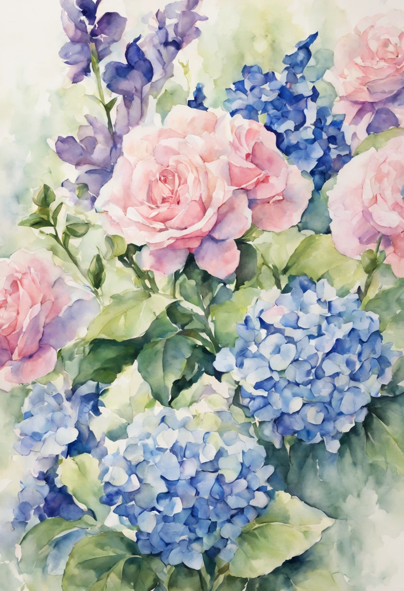 masterpiece, best quality, watercolor, flowers, pink roses, blue hydrangeas, purple irises, green leaves, soft lighting, depth of field