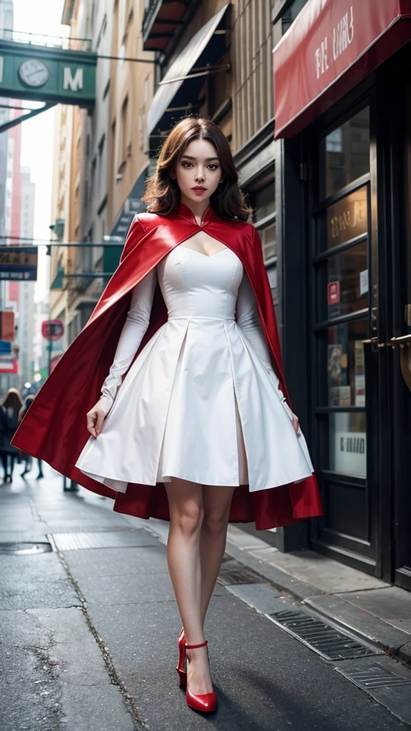 araffe woman in a white dress and Red coat walking down the street, Zinnia as a super villain, elegant Charming cosplay, แต่งกายด้วยRed coatสวยๆ, Zinnia, Charming cosplay, Succubus in a short-fitting dress, better known as Zinnia, a Red coat, Red coat, with capes, Jessica Rabbit