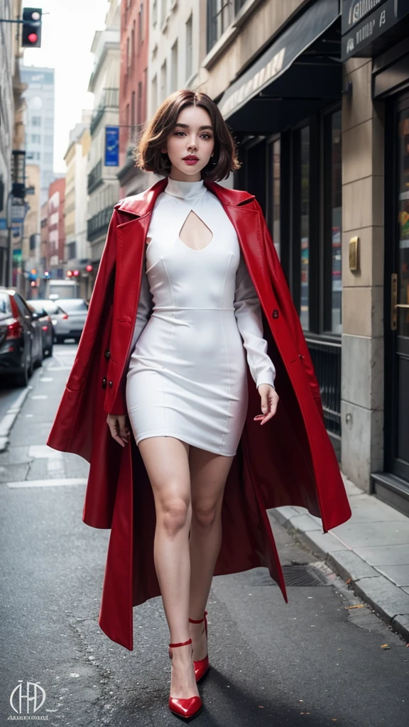 araffe woman in a white dress and Red coat walking down the street, Zinnia as a super villain, elegant Charming cosplay, แต่งกายด้วยRed coatสวยๆ, Zinnia, Charming cosplay, Succubus in a short-fitting dress, better known as Zinnia, a Red coat, Red coat, with capes, Jessica Rabbit