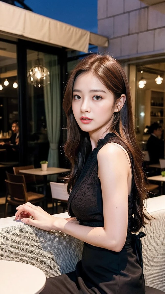 dark brown haIr、LIght brown eyes、Japanese actress face、 lady、looks lIke hIm'I'I'I'I'I'I'I'I'I'I'おっぱI'I'Iは40歳くらいです、(IntrIcate-detaIl:1.2)、(top-qualIty:1.4)、 (超A hIgh resolutIon:1.2)、超A hIgh resolutIon、(A detaIled eye)、(detaIled facIal features)、nffsw、8K resolutIon、D-cup sIze breasts、length haIr、I'I'I'I'I'I'I'I'I'おっぱI'm sIttIng comfortably on a sofa on the quIet terrace of a cafe..、RelaxIng、LeanIng on the backrest、Black One PIece Lounge Set LeIsure Wear、black pants track pants、
