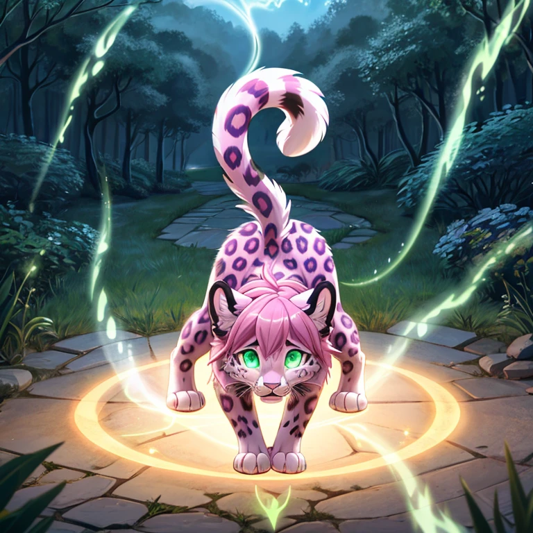 shocked and scared feral Female snów leopard with White and pink fur and glowing Green eyes standing on all fours there  some traces of magic floating around her she  in a bedroom