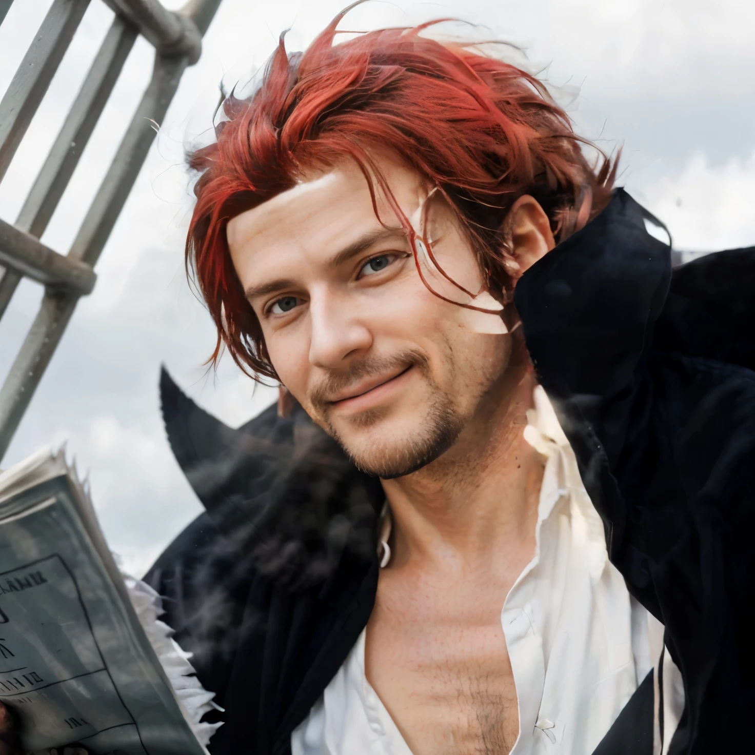 (masterpiece), (realistic), (ultra detailed), ( high reest quality), (photorealistic), (perfect face), (perfect anatomy), man, male, solo, ameican, 30 years old, shanks from one piece, shanks, red hair, has a thin black beard, has a thin black mustache, wears white clothes, wears a black robe, the character is reading a newspaper, (((The character's eyes look downwards))), the character's facial expression is happy, his mouth is smiling, Behind the character there are 2 sailing ship nets