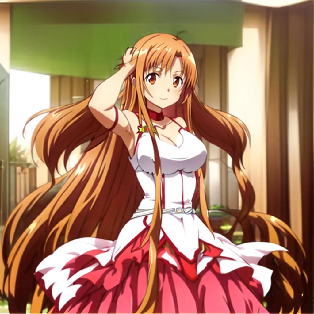 (masterpiece), full body, (( Asuna yuuki )) best quality, expressive eyes, perfect face, ((( huge Breasts ))), ((goddess gown)), (mini skirt), a woman in a dress ,asuna yuuki, asuna from sao, anime goddess, photo of asuna from sao, sao style anime, holo, cute anime waifu in a nice dress, female anime character