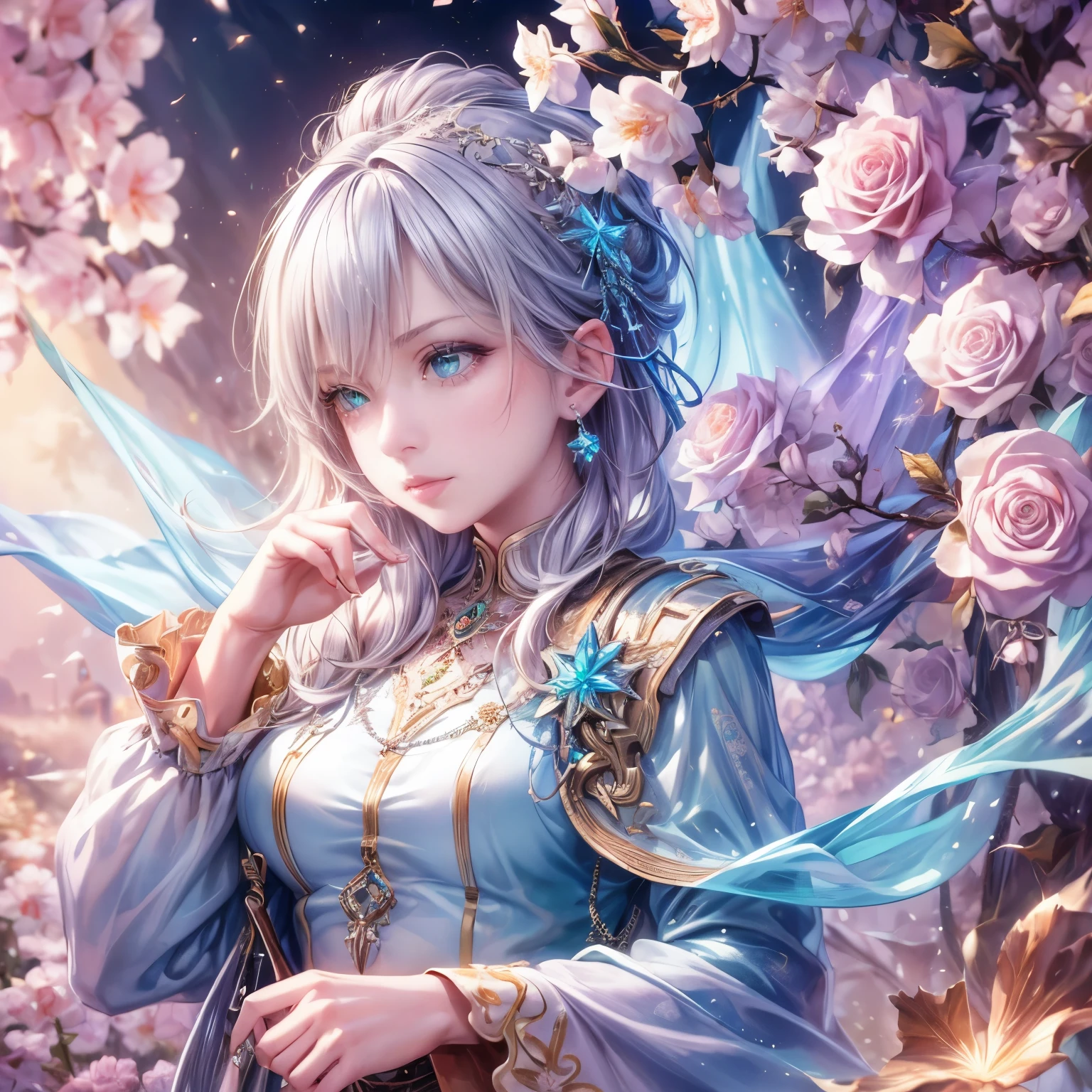 (highest quality:1.4),(masterpiece:1.4),super detailed,8K,cg,exquisite,Upper body,Lonely,thumb girl,green eyes, light purple hair, Little Princess,flowing coat dress,garden background,detailed facial features,long curly hair,Almond Eyes,Delicate eye makeup,long fluttering eyelashes,Sparkling starry eyes,and a starry gaze, intricate lip details,soft and harmonious style., Glasses