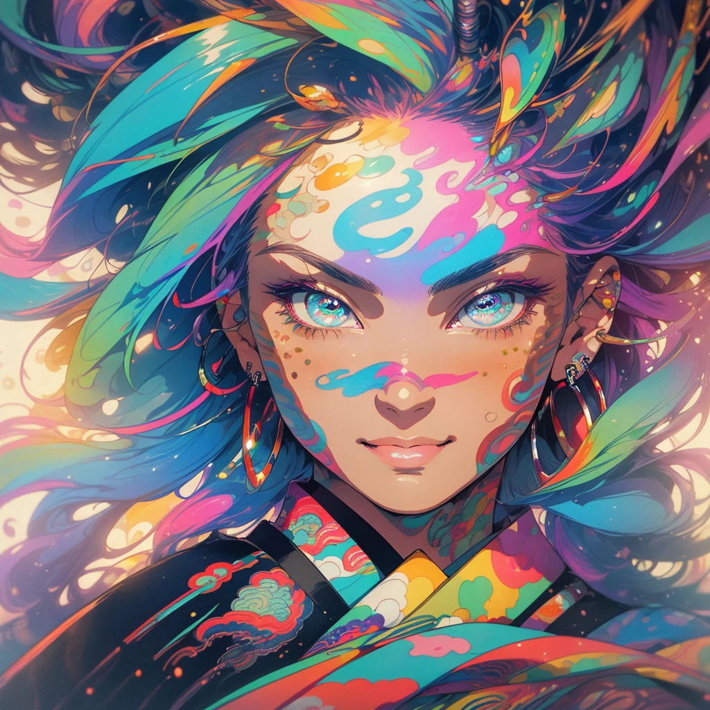 (((highest quality))),(((detailed eyes))),(((32k))),1 girl,rainbow colored hair,(tattoo),cyber punk,Rainbow kimono,Luxurious and gorgeous,Shiny skin,earrings,flashy,((Super beautiful woman)),perfect face,Japanese sword,ultimate texture,official art,Ukiyo-e,stylish,photograph,perfect body,smile,Bewitching