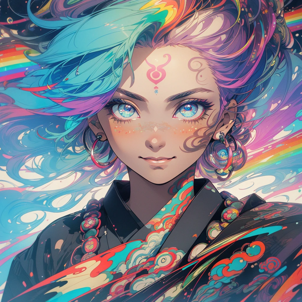 (((highest quality))),(((detailed eyes))),(((32k))),1 girl,rainbow colored hair,(tattoo),cyber punk,Rainbow kimono,Luxurious and gorgeous,Shiny skin,earrings,flashy,((Super beautiful woman)),perfect face,Japanese sword,ultimate texture,official art,Ukiyo-e,stylish,photograph,perfect body,smile,Bewitching