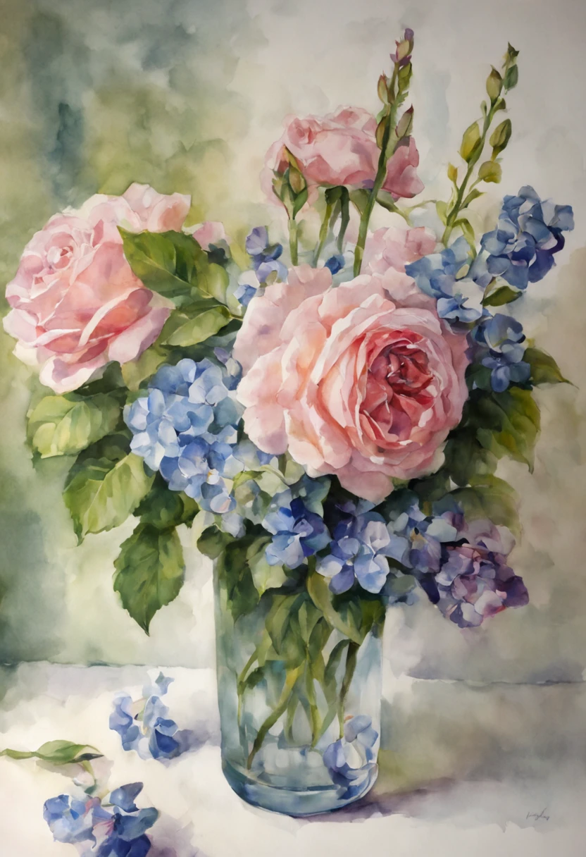 masterpiece, best quality, watercolor, flowers, pink roses, blue hydrangeas, purple irises, green leaves, soft lighting, depth of field