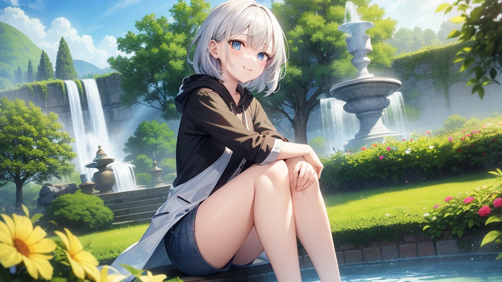 super high quality, with a girl, 20-year-old, very short hair, long bangs between the eyes, pale blue eyes , blue sky, sunlight, very detailed,(masterpiece、highest quality)、alone、gray hair、laughter、White skin as clear as snow、fantasy, silver hair, black eye, beautiful eyes,, ecstasy, charm, be smitten with audience, landscape shorts、white hoodie、Hoodie with open front、black shirt、fountain in the forest、flower garden