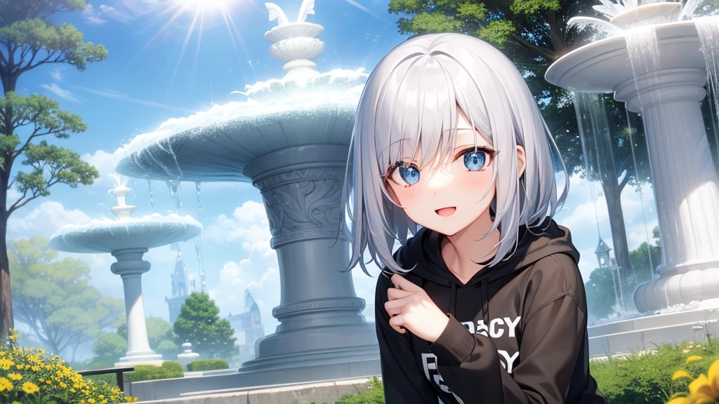 super high quality, with a girl, 20-year-old, very short hair, long bangs between the eyes, pale blue eyes , blue sky, sunlight, very detailed,(masterpiece、highest quality)、alone、gray hair、laughter、White skin as clear as snow、fantasy, silver hair, black eye, beautiful eyes,, ecstasy, charm, be smitten with audience, landscape shorts、white hoodie、Hoodie with open front、black shirt、fountain in the forest、flower garden