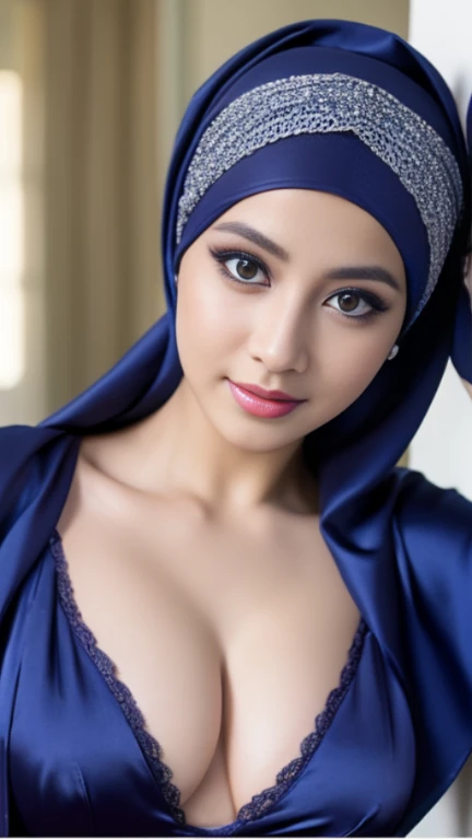 Masterpiece, realistic, best quality, best lighting, 1 pretty girl with angelic face, ((full bodyshot)), beautifully makeup, eyeshadow, Parted Lips, Detailed Eyes, beautiful big eyes, long eye lashes, smile, wearing ((Dark blue satin headscarf)), loosely tide hijab style, exposed cleavage, very big breast, (full naked, seducing, sexy pose), (looking at aogashima japan)