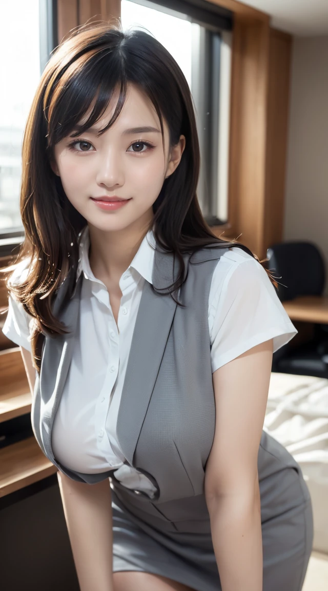 (((オフィスレディ、OL、office lady、formal clothes、shiny gray vest)))、(((horseshoe-shaped hairband)))、sexy,formal ,in the bank,vivid color panty,high heel、(((full body,including legs)))、Dressed up、(Photo real:1.4)、(A hyper-realistic:1.4)、(Photorealistic:1.3)、 (gentle lighting: 1.05)、(Improve the lighting quality of your video:0.9)、32k、 1Girl、25years old girl、photorealistic lighting、Back lighting、Facial Lights、Ray Trace、(bright:1.2)、(Increase quality:1.4)、 (best quality real texture skin)、Fair eyes,Delicate and delicate face、 (tired and sleepy and satisfied : 0.0), Close-up of the face,shiny gray vest,tight gray blouse [button gap :1.2],very tight gray shirt ,((([see through shirts:1.5], {covered nipples}))), gray mini skirt , (Bodyline mood improvement:1.1)、Glossy skin、wavy hair、韓国アイドル、乃木坂アイドル、Sculptural Idol Pose、little smile,blush,Beautiful actress、Neat woman,whole body, small breasts,(perfect row of teeth),slender waist and hip,beautiful long legs,(full shot)、((8heads tall)、(((誘惑している、恥ずかしい)))、random dynamic pose,(eye shadow),(red cheek、red lips),Super Clean Night View、night time、blush,little smile,(((full shot)))、(((dynamic pose,gravure pose))),(((in the luxury night office)))