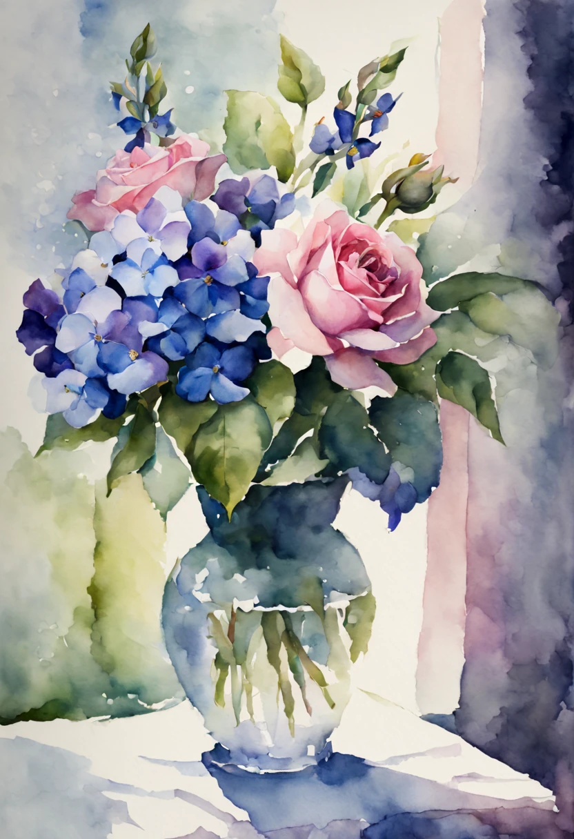 masterpiece, best quality, watercolor, flowers, pink roses, blue hydrangeas, purple irises, green leaves, soft lighting, depth of field