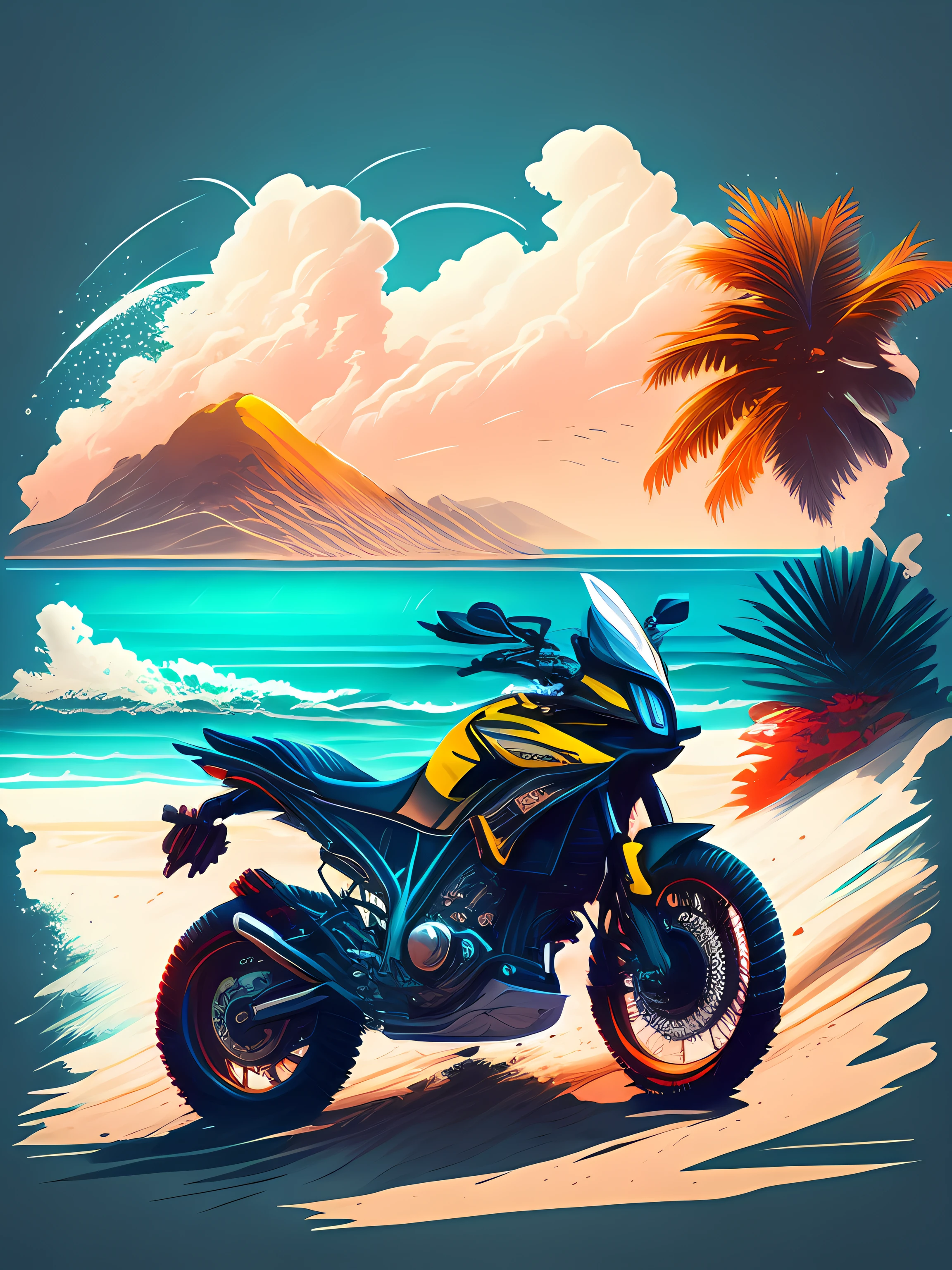 "moto, A beach in a summer landscape, design de camiseta, meio da jornada, arte vetorial, hidro74"
