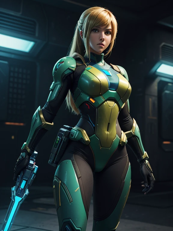 (Best quality), (Hi resolution), (unreal5), (1girl), (sexy body armor), Samus from Metroid prime, holding her arm cannon up ready to fire, HDR, 4K, 3D, digital art.
