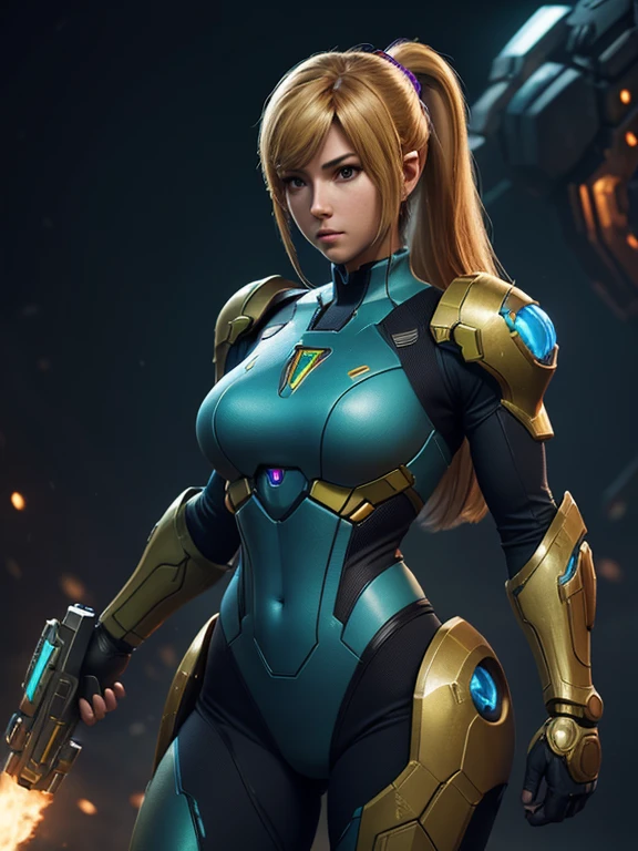 (Best quality), (Hi resolution), (unreal5), (1girl),  (sexy body armor), Samus from Metroid prime,  holding her arm cannon up ready to fire, HDR, 4K, 3D, digital art.