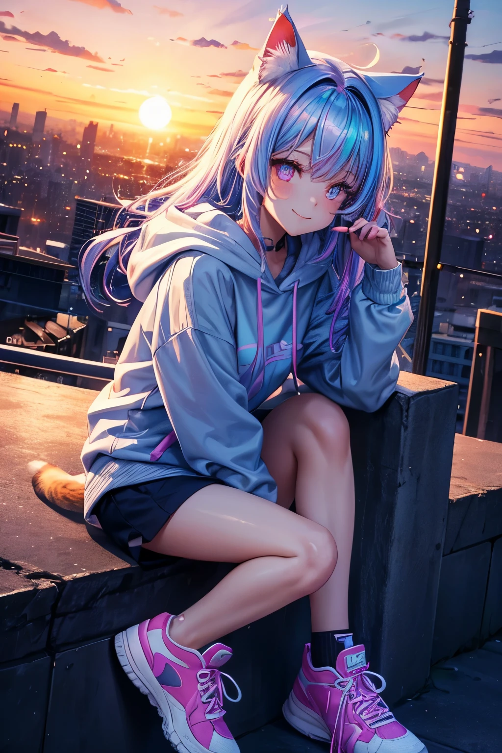 Top quality, high resolution, perfect human structure, iridescent hair, glowing hair, cat ears, fun, sitting on roof, city, sunset, moon, neon, neon colors, near future, from below , heart shaped pupils, wavy hair, shiny hair, smiling, hoodie, sneakers, beautiful,