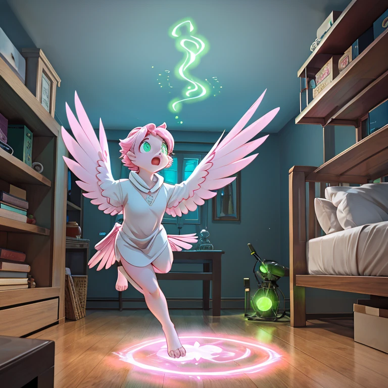 shocked and scared Female crow with White and pink feathers and glowing Green eyes there are some traces of magic floating around her she in a bedroom