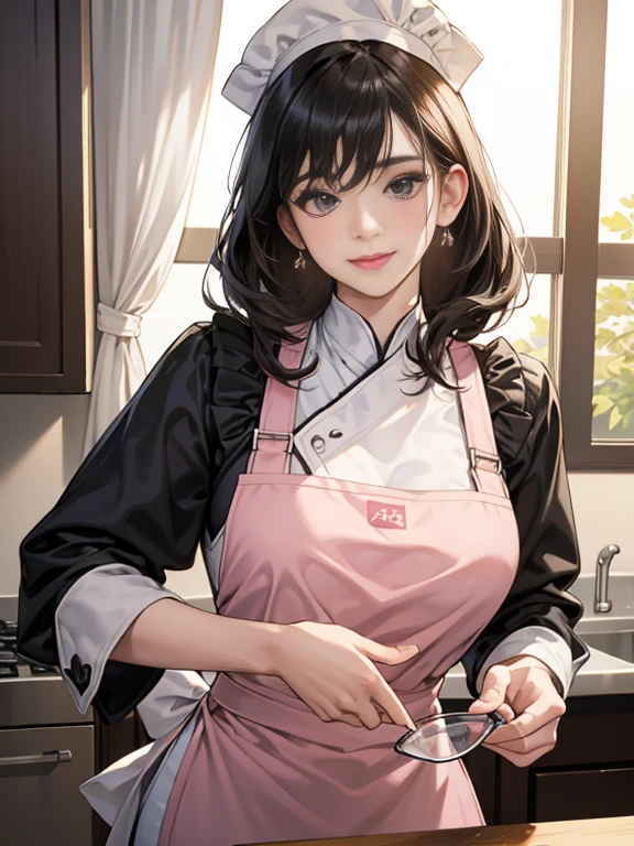 ((best qualtiy,8K,tmasterpiece:1.3)),Super cute beautiful woman,1个Giant Breast Girl,(Beautiful udder:1.3),(Abs,slim toned body:1.1),tack sharp focus,(((Complicated details)),high detal,The upper part of the body,one-girl,Black straight hair with bangs,Wear an apron to cook,cook,Wear a chef's hat,,8K,8K分辨率,Clean and meticulous face,Detailed body,Detailed clothes, Sharp Images, Japanese anime concept art, The trend is in Pixiv, looking at viewert, face to the viewer, Seductive Model Pose, seduct smile, pink lipstick, Bigchest,low chest,wears glasses,bokeh, field of depth, 8 life size, 8k解像度, Upper body image, Shot on the EOS 5D Mark IV, 35mm lens, f1.8, from the front side,