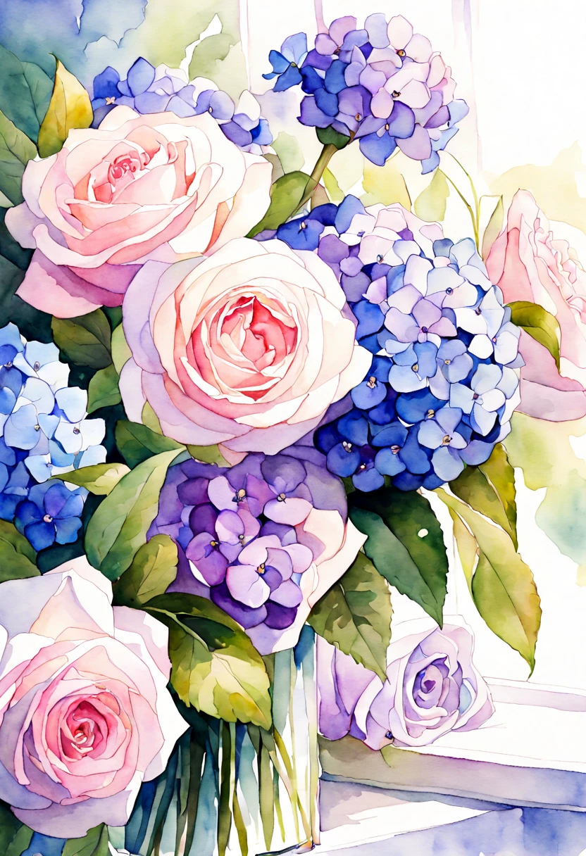 masterpiece, best quality, watercolor, flowers, pink roses, blue hydrangeas, purple irises, green leaves, soft lighting, depth of field