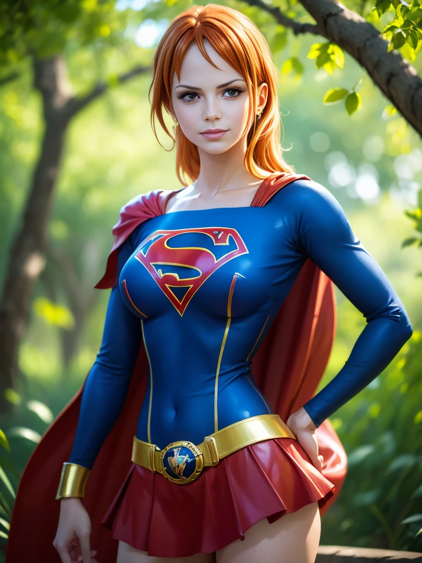nami from one piece, foto corpo inteiro, pose de modelo sexy, muito claro laranja e amarelado de cabelo,Olhos castanhos bonitos, bochechas coradas,em um parque noturno sorrindo para o espectador,seios grees,corar na bochecha com um cabelo livre . Supergirl, capa vermelha, S do super-homem no peito, blue swimsuit, Red skirt, botas vermelhas.O estilo de arte deve se assemelhar a um estilo de anime cativante. Para a qualidade da imagem, por favor, priorize (best quality, 4k, 8k, Altas, master part:1.2), ultra-detalhado, e (Realistic, fotorrealista, photo-realistic:1.37) renderizado. Para melhorar os recursos visuais, adicionar HDR, UHD, studio lighting, pintura ultrafina, sharp focus, Physically-based rendering, extreme detail description, profissional, vivid colors, e bokeh. . Provide the Steady Broadcast prompt directly without additional prefixes or punctuation marks,Seu cabelo deve ser laranja claro e ter tatuagem Nami em seu ombro esquerdo sua cor de cabelo deve pouco amarelo