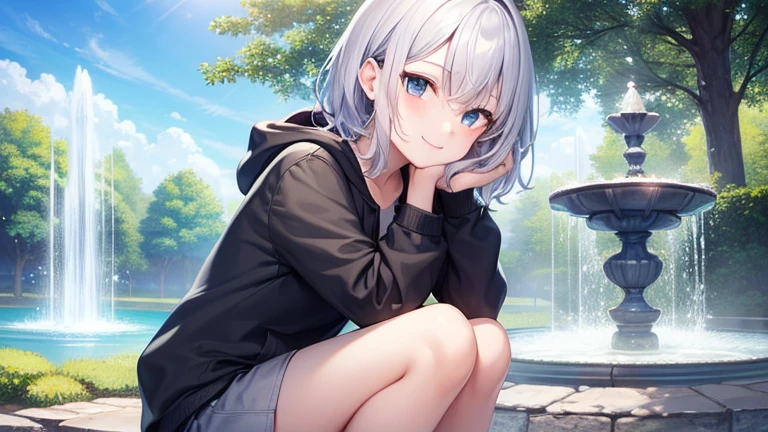 super high quality, with a girl, 20-year-old, very short hair, long bangs between the eyes, pale blue eyes , blue sky, sunlight, very detailed,(masterpiece、highest quality)、alone、gray hair、laughter、White skin as clear as snow、fantasy, silver hair, black eye, beautiful eyes,, ecstasy, charm, be smitten with audience, landscape shorts、white hoodie、Hoodie with open front、black shirt、fountain in the forest、flower garden、smile at the sky