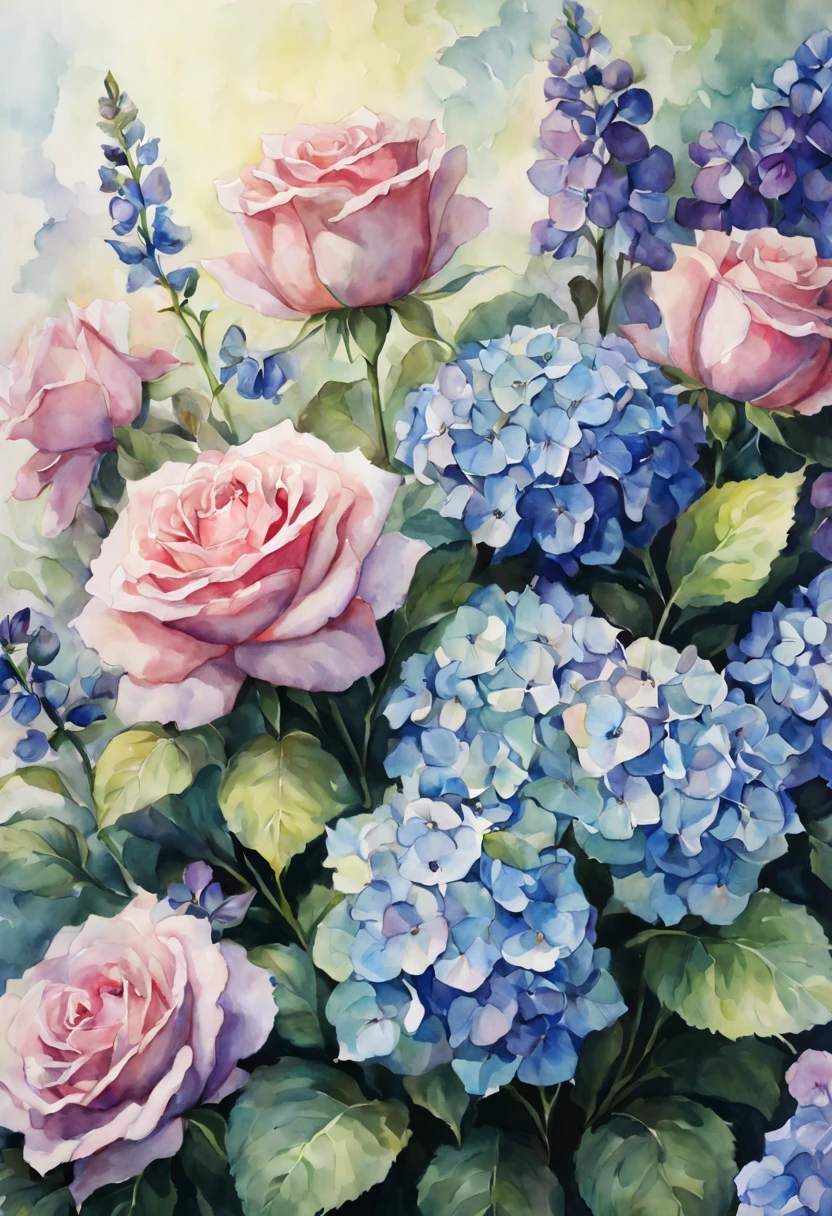 masterpiece, best quality, watercolor, flowers, pink roses, blue hydrangeas, purple irises, green leaves, soft lighting, depth of field