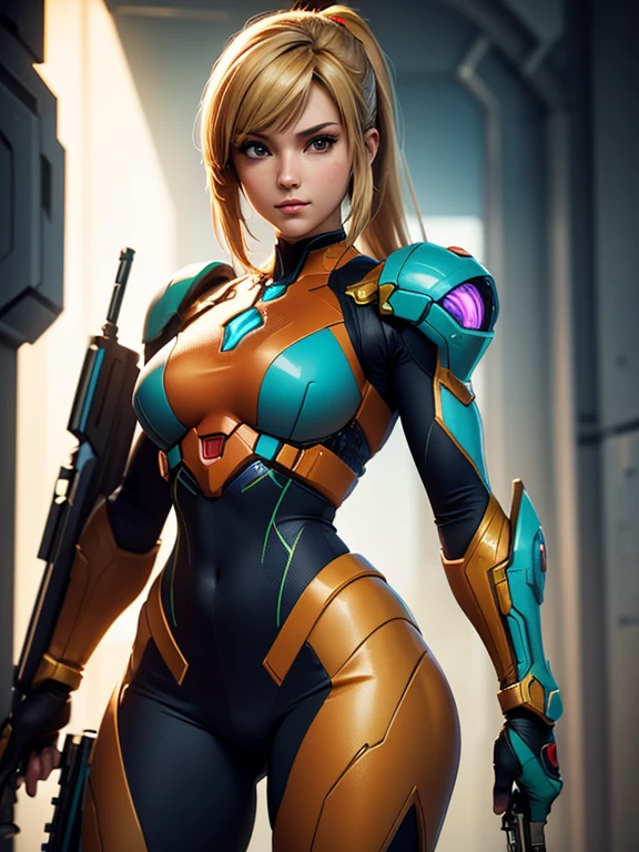 (Best quality), (Hi resolution), (unreal5), (1girl), (sexy body armor), Samus from Metroid prime, holding a shotgun, HDR, 4K, 3D, digital art