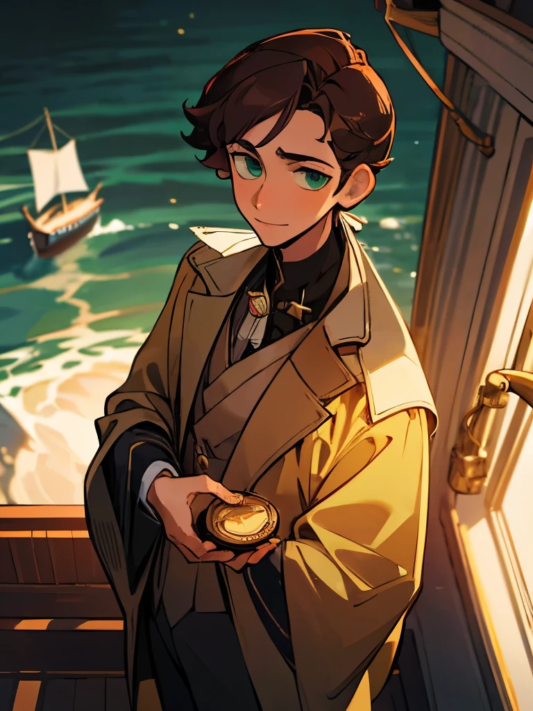 A man, tall, elegant, and a leader from maritime, lightly green eyes, dark-brown hair, His expression is calm even happy. He extends his hand right to the camera offering a gold coin, he's on the outside of a ship, around him have his jobs, working on the ship. Late afternoon light, camera from above.