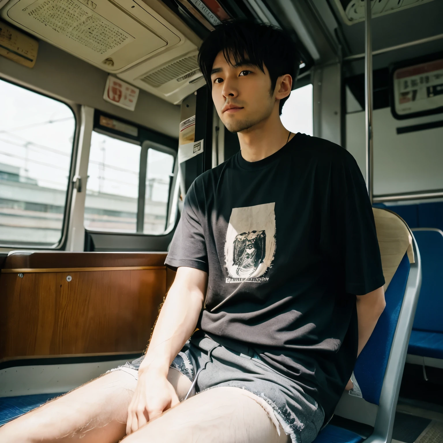 hairy legs, two block, long legs, Male, 27 years old, Thin beard, Japanese, wearing shorts, wearing a t-shirt, very short hair, black hair, Riding a bus, sitting on the seat, 