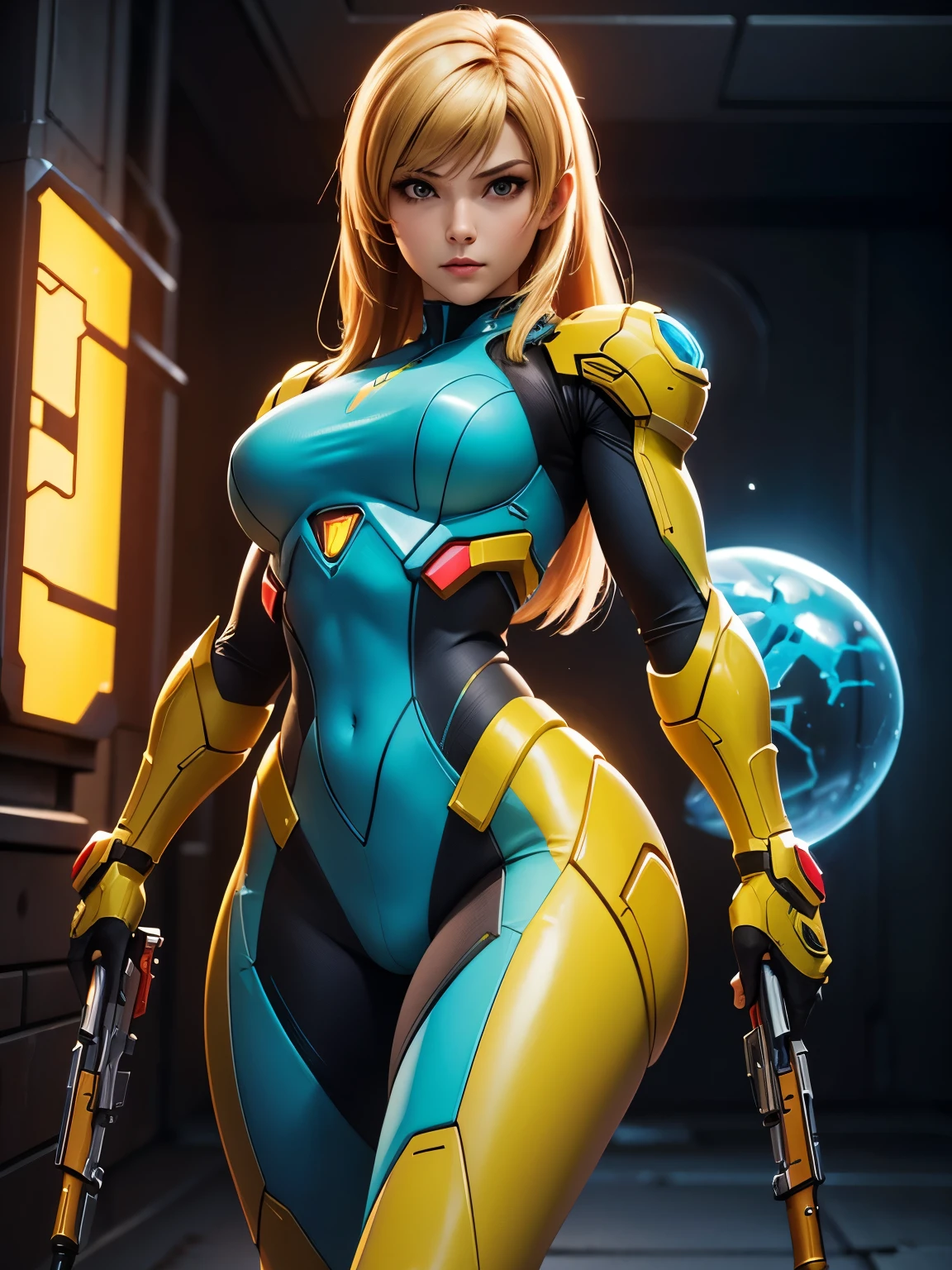 (Best quality), (Hi resolution), (unreal5), (1girl), (sexy body armor), Samus from Metroid prime, holding a shotgun, HDR, 4K, 3D, digital art