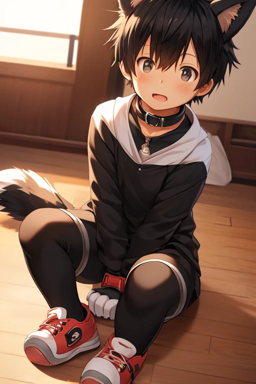 masterpiece, Best Quality, 1boy, black hair,学ラン,Realistic, ((The human)),Shota,fake dog ears,dog collar,fake dog tail,big paw gloves,big paw shoes,fluffy