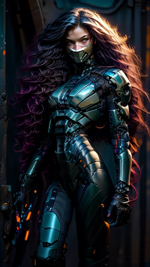 Realistic, perfect masterpiece, high quality, high resolution, highest image quality, 8k hd, 
1girl, 
Long dark blue hair, yellow eyes, glowing eyes, parted lips, blush, 
Cybernetic suit, mecha long skirt, armored dress, masks, Wild full-coverage helmets
Night, flowers, sun, sunlight, 
Highly detailed background