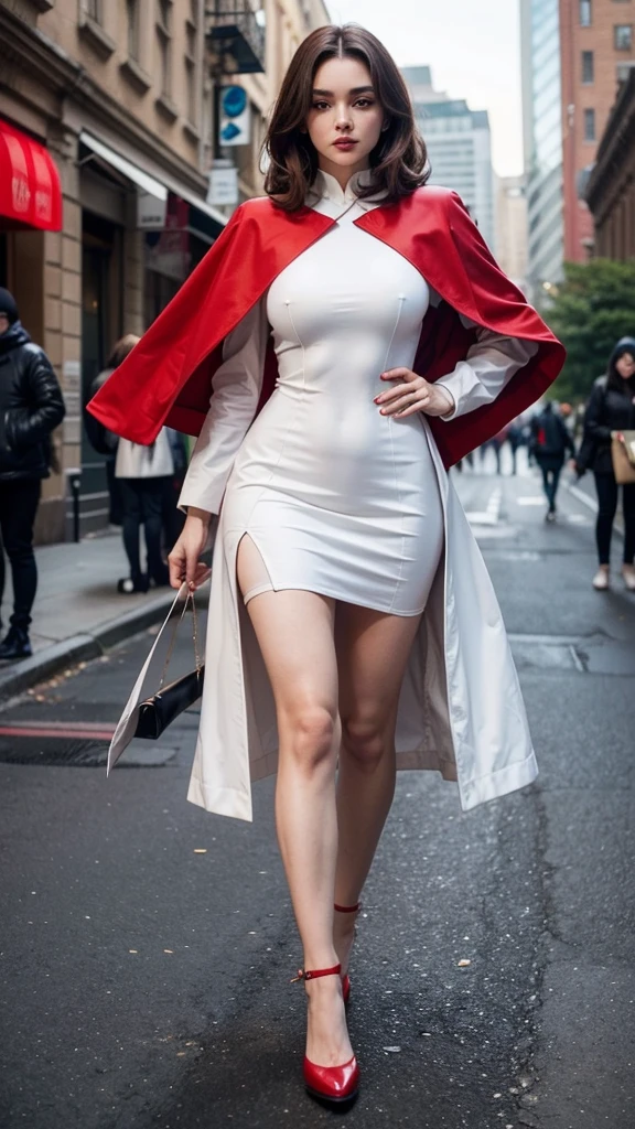 araffe woman in a white dress and Red coat walking down the street, Zinnia as a super villain, elegant Charming cosplay, แต่งกายด้วยRed coatสวยๆ, Huge breasts, Zinnia, Charming cosplay, Succubus in a short, tight white dress., golden pattern gradient, better known as Zinnia, a Red coat, Red coat, with capes, Jessica Rabbit