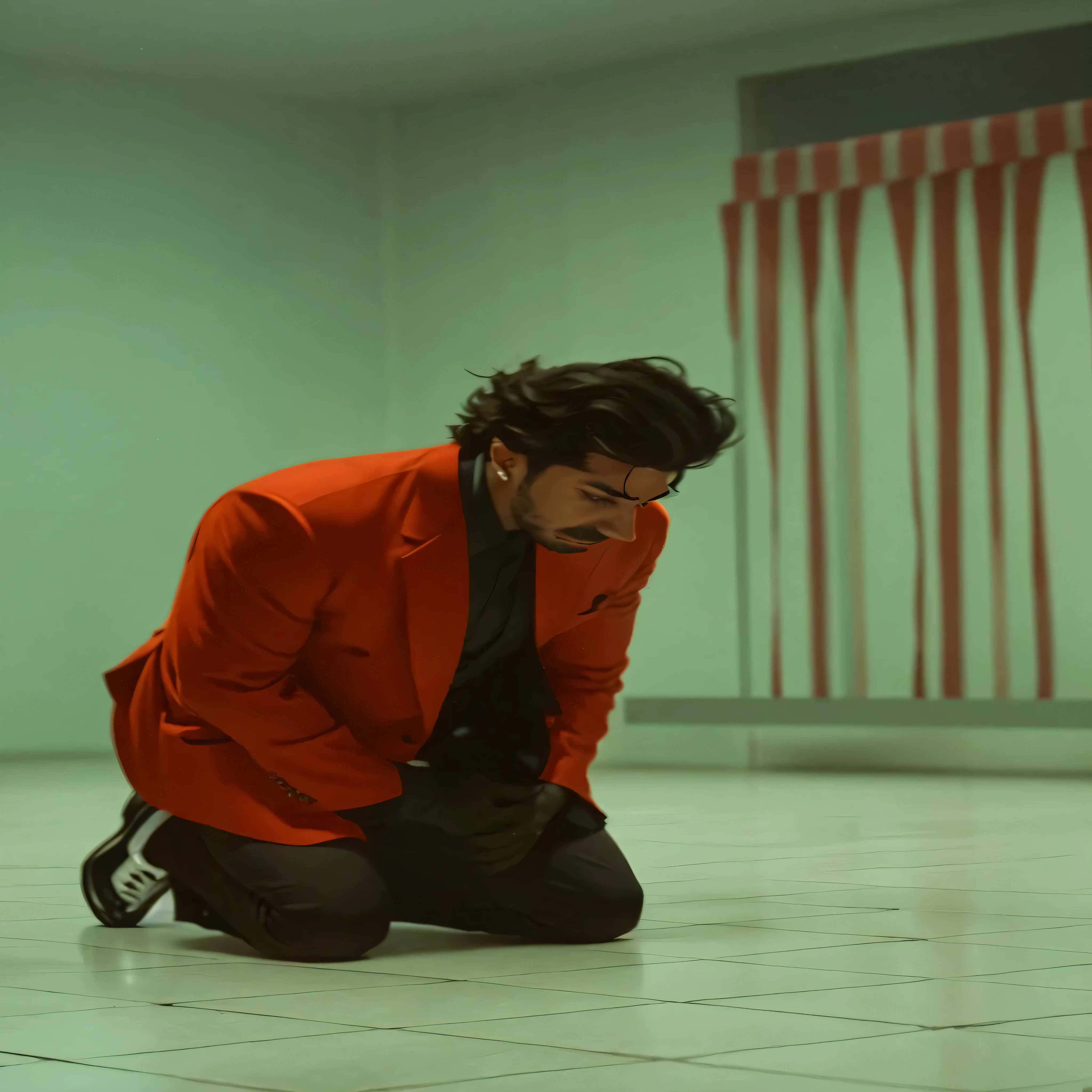 faaris azura kneeling on the floor in a room, faaris azura acting childish, faaris azura wearing a black and red suit, still from a music video, faaris azura emotionally evocative, faaris azura emotional masterpiece, saturation, saturation 40, faaris azura in a red suit, faaris azura with a childish look, with red haze, faaris azura