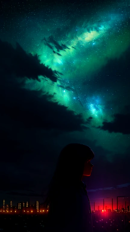 (main subject), stars (sky), scenery, stars and sky, night, 1 girl, night sky, solitude, outdoors, building, clouds, Milky Way, session, tree, long hair, city, silhouette, cityscape (art style), color tone, lighting