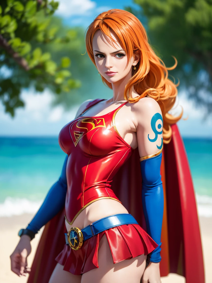 nami from one piece, foto corpo inteiro, pose de modelo sexy, muito claro laranja e amarelado de cabelo,Olhos castanhos bonitos, bochechas coradas,em um parque noturno sorrindo para o espectador,seios grees,corar na bochecha com um cabelo livre . Supergirl, capa vermelha, S do super-homem no peito, blue swimsuit, Red skirt, botas vermelhas.O estilo de arte deve se assemelhar a um estilo de anime cativante. Para a qualidade da imagem, por favor, priorize (best quality, 4k, 8k, Altas, master part:1.2), ultra-detalhado, e (Realistic, fotorrealista, photo-realistic:1.37) renderizado. Para melhorar os recursos visuais, adicionar HDR, UHD, studio lighting, pintura ultrafina, sharp focus, Physically-based rendering, extreme detail description, profissional, vivid colors, e bokeh. . Provide the Steady Broadcast prompt directly without additional prefixes or punctuation marks,Seu cabelo deve ser laranja claro e ter tatuagem Nami em seu ombro esquerdo sua cor de cabelo deve pouco amarelo