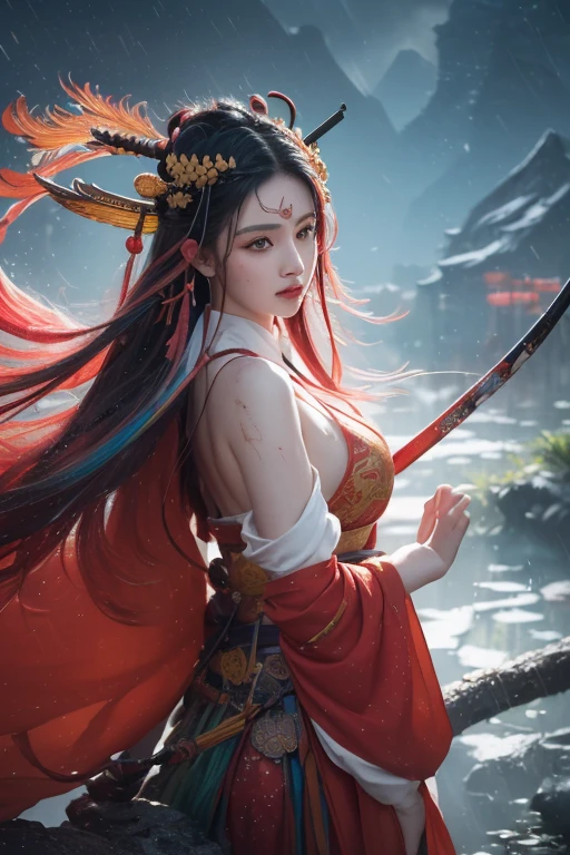 (8k, original photo:1.2), best quality, ultra high resolution, dramatic angle, (fluttered detailed color splashs), (illustration), ( (long hair), (rain:0.9), (headgear: 1.4), Cultivation novels Chinese beauties，Sexy body，Full breasts，long legs，There is an ancient palace next to the fairy sword in hand, hanfu, (emphasize), color ink painting, (Splash color), Splash color, (((rich and colorful))), (sketch: 0.8), masterpiece, best quality, beautiful painting, high detailed, (Denoise:0.6), [splash ink], ((Ink refraction)), (beautiful detailed sky), moon, high, detailed, (masterpiece, best quality, extremely detailed) CG unified 8K wallpaper, masterpiece, best quality, super detailed), (Garlic), medium bust, pink clothes, white flower