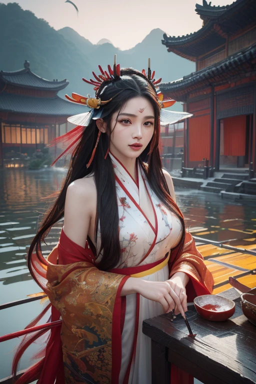 (8k, original photo:1.2), best quality, ultra high resolution, dramatic angle, (fluttered detailed color splashs), (illustration), ( (long hair), (rain:0.9), (headgear: 1.4), Cultivation novels Chinese beauties，Sexy body，Full breasts，long legs，There is an ancient palace next to the fairy sword in hand, hanfu, (emphasize), color ink painting, (Splash color), Splash color, (((rich and colorful))), (sketch: 0.8), masterpiece, best quality, beautiful painting, high detailed, (Denoise:0.6), [splash ink], ((Ink refraction)), (beautiful detailed sky), moon, high, detailed, (masterpiece, best quality, extremely detailed) CG unified 8K wallpaper, masterpiece, best quality, super detailed), (Garlic), medium bust, pink clothes, white flower