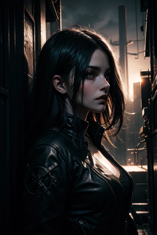 oriental gothic vampire girl,cyberpunk,girl with big hips,leather collant,beautiful detailed eyes,beautiful detailed lips,extremely detailed eyes and face,long eyelashes,dark and mysterious background,portraits,highres,stunning lighting,richly colored,moody atmosphere,dark color palette,hauntingly beautiful,neo-noir,urban landscape,industrial setting,futuristic elements,gritty,edgy style,ominous atmosphere,sci-fi aesthetics,strong contrast,striking visuals,alternative fashion,steampunk influences,sleek and shiny textures,ultra-detailed,phantasmagoric,artistic interpretation,stylized,black and white,contrasting shadows,sharp edges,metallic accents,mixed media,layered composition,gothic architecture,night cityscape,slim silhouette,dynamic pose,mysterious aura.