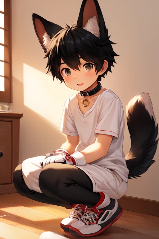 masterpiece, Best Quality, 1boy, black hair,full body tights (black),Realistic, ((The human)),Shota,fake dog ears,dog collar,fake dog tail,big paw gloves,big paw shoes,fluffy