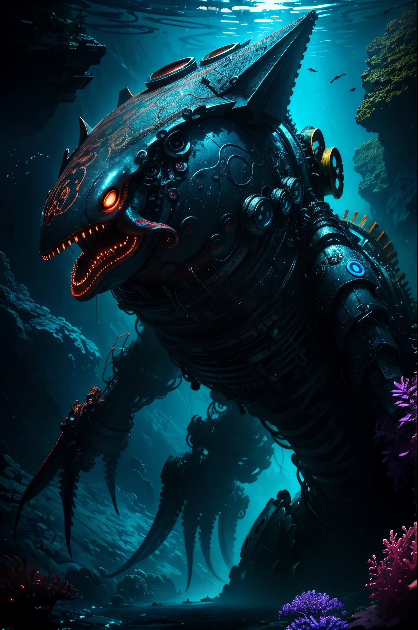 = mechanical octopus fish, underwater, futuristic, sci-fi, metal textures, glowing eyes